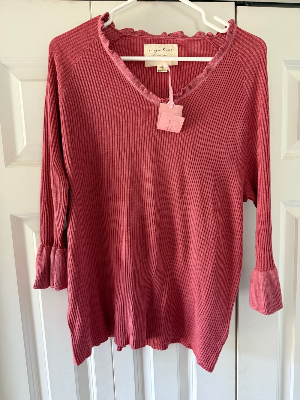 evy's tree Ribbed V-Neck Long Sleeve Top in Dusty Rose